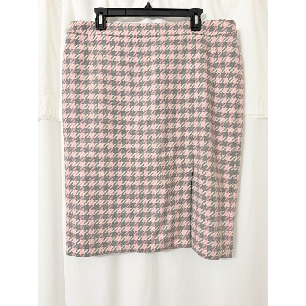 Talbots Pink Gray Houndstooth Wool Blend Pencil Skirt Size 16 Lined Slit Office